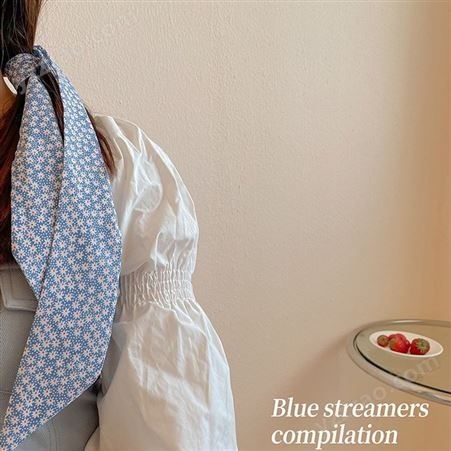 藍色系飄帶復古法式裝飾絲帶韓國絲巾發帶薄款飄帶女窄春夏季領巾