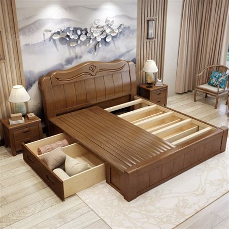全实木橡木床厂家 1.5米单人床中式主卧床批发 储物实木家具1.8米双人床