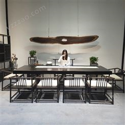 新中式实木禅意大板茶台 现代简约茶桌定制 办公桌会客桌带茶盘批发