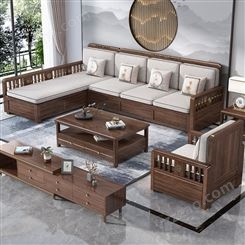 新中式实木沙发组合 胡桃木客厅木质家具设计 冬夏两用储物木沙发