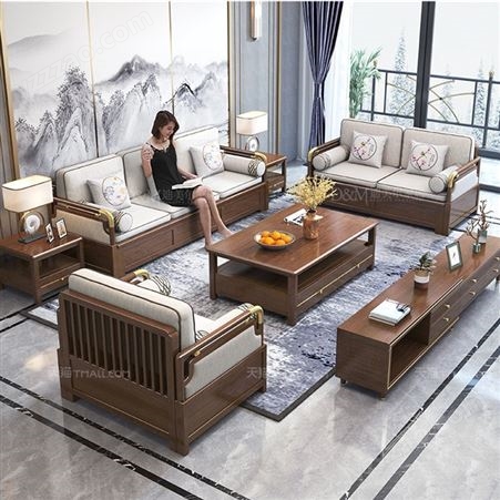 实木沙发 冬夏两用现代新中式沙发 储物组合套装小户型家具